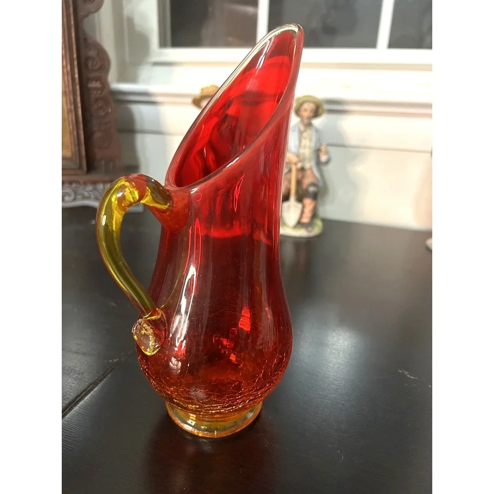 Vintage Kanawha Amberina Crackle Stretch Swung Glass Pitcher 9.25